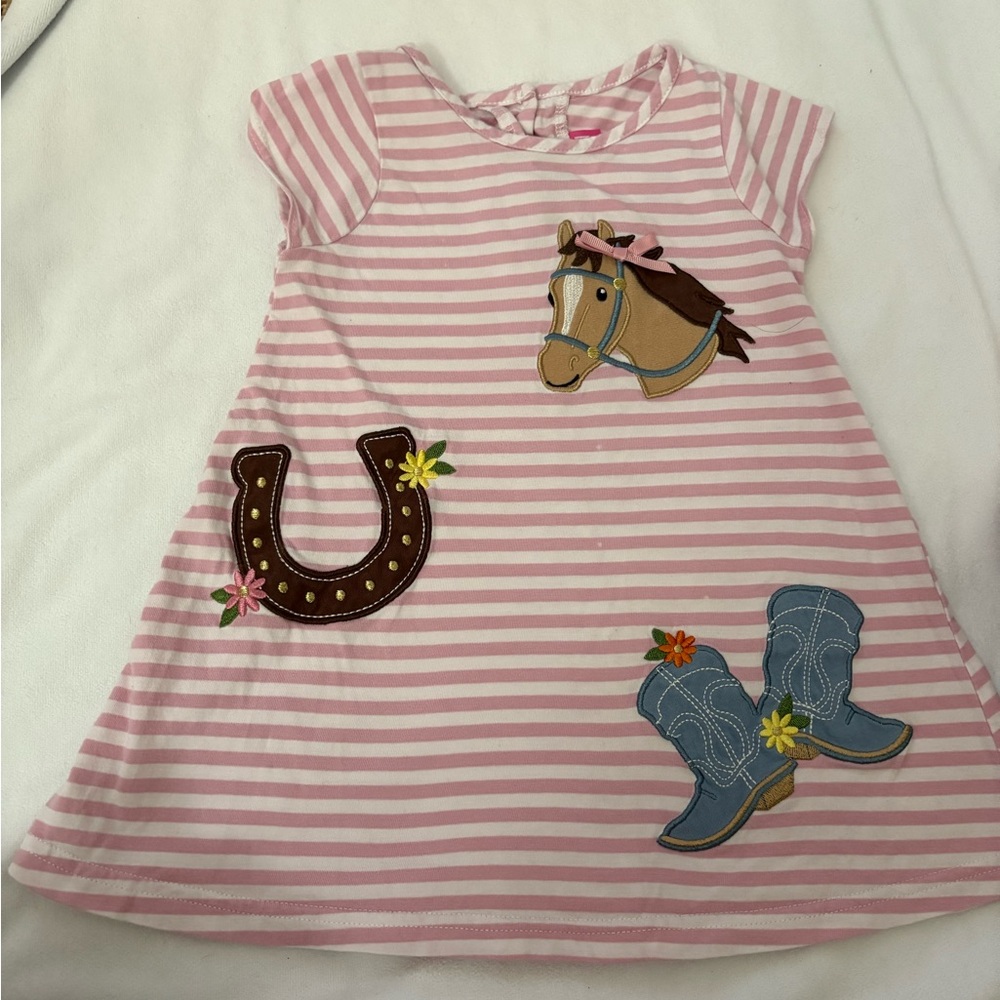 Good Lad Pink Striped Dress with Horse and Boot Appliqué